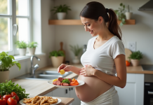 Femme enceinte dans une cuisine moderne souriante avec chorizo