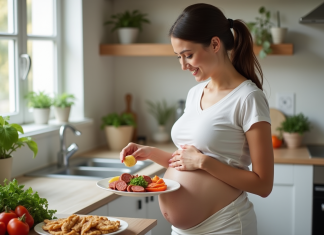 Alimentation et grossesse : est-il sécuritaire de manger du chorizo cuit ? Femme enceinte dans une cuisine moderne souriante avec chorizo