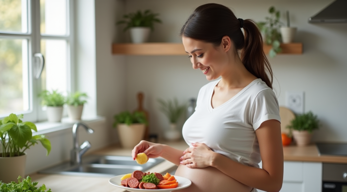 Femme enceinte dans une cuisine moderne souriante avec chorizo