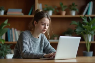 Jeune femme consultant une encyclopédie collaborative en ligne sur son ordinateur portable dans un bureau à domicile