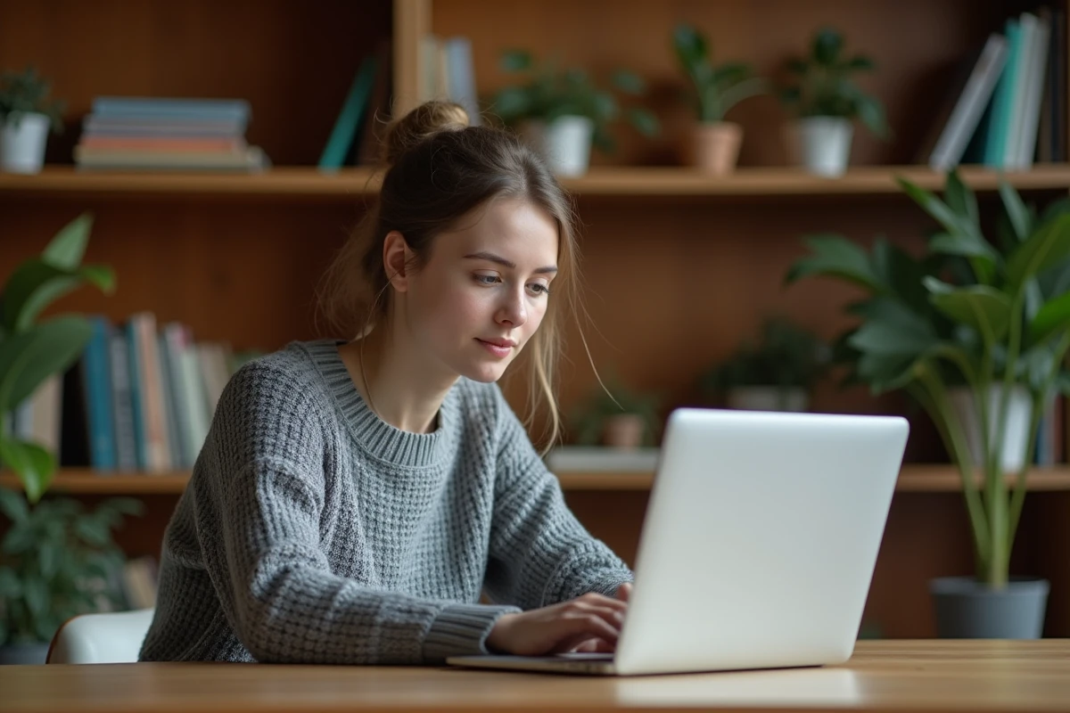 Jeune femme consultant une encyclopédie collaborative en ligne sur son ordinateur portable dans un bureau à domicile
