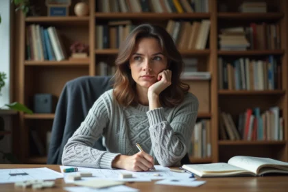 Femme concentrée résolvant des énigmes logiques difficiles à son bureau avec des notes et des puzzles géométriques