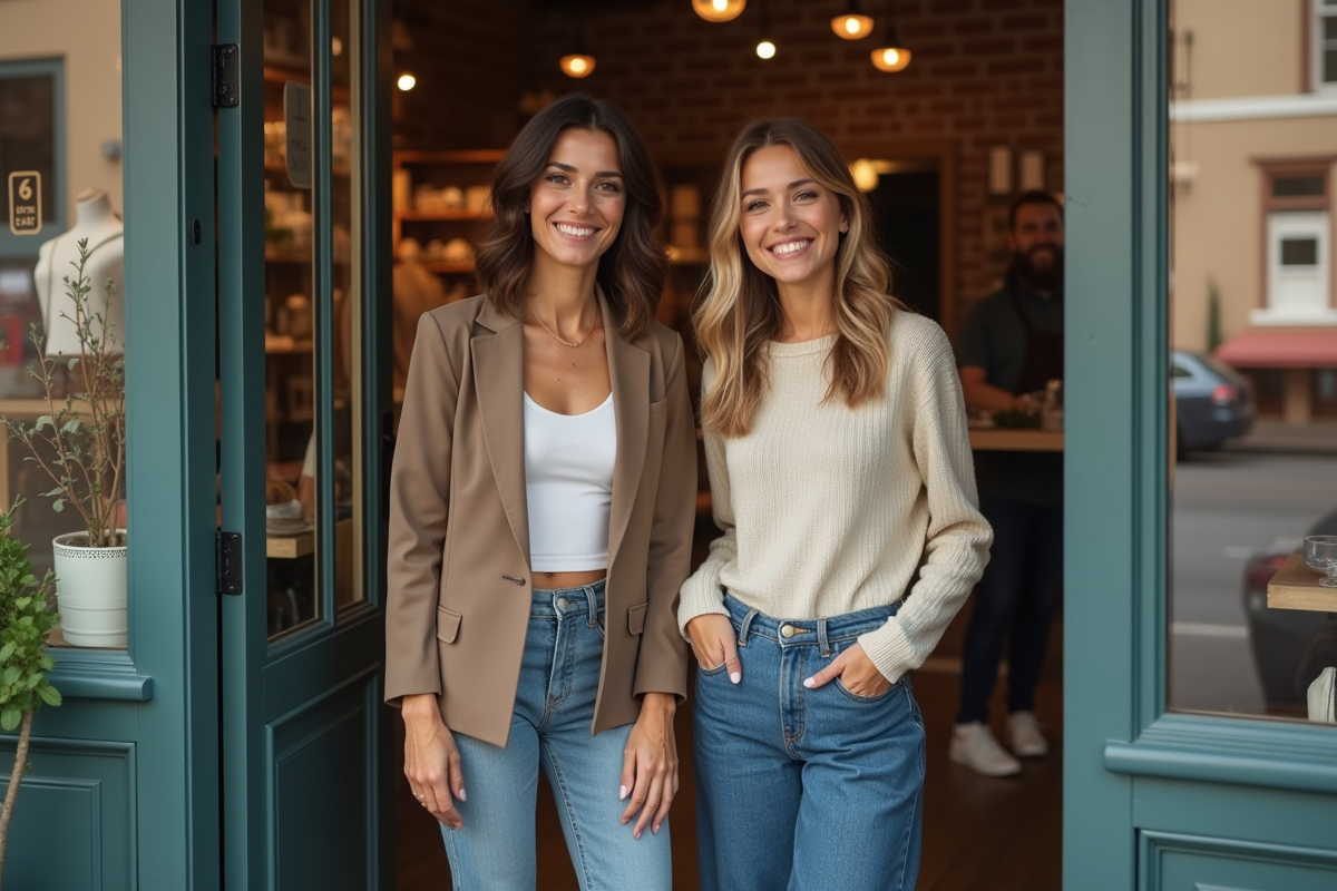 Femme et fille souriantes devant leur boutique familiale