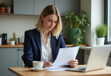Crédit mensuel de 1900 € : meilleures solutions pour emprunter Jeune femme en blazer bleu examine des documents de prêt
