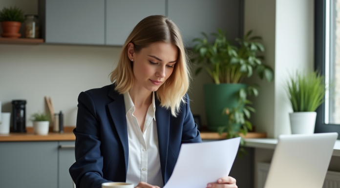 Jeune femme en blazer bleu examine des documents de prêt