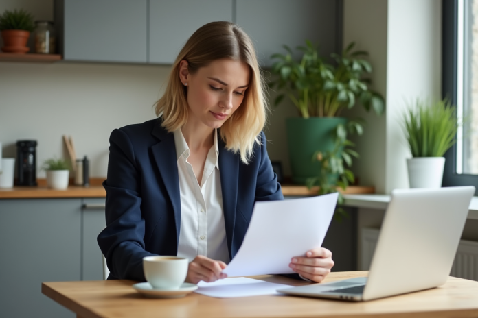 Jeune femme en blazer bleu examine des documents de prêt