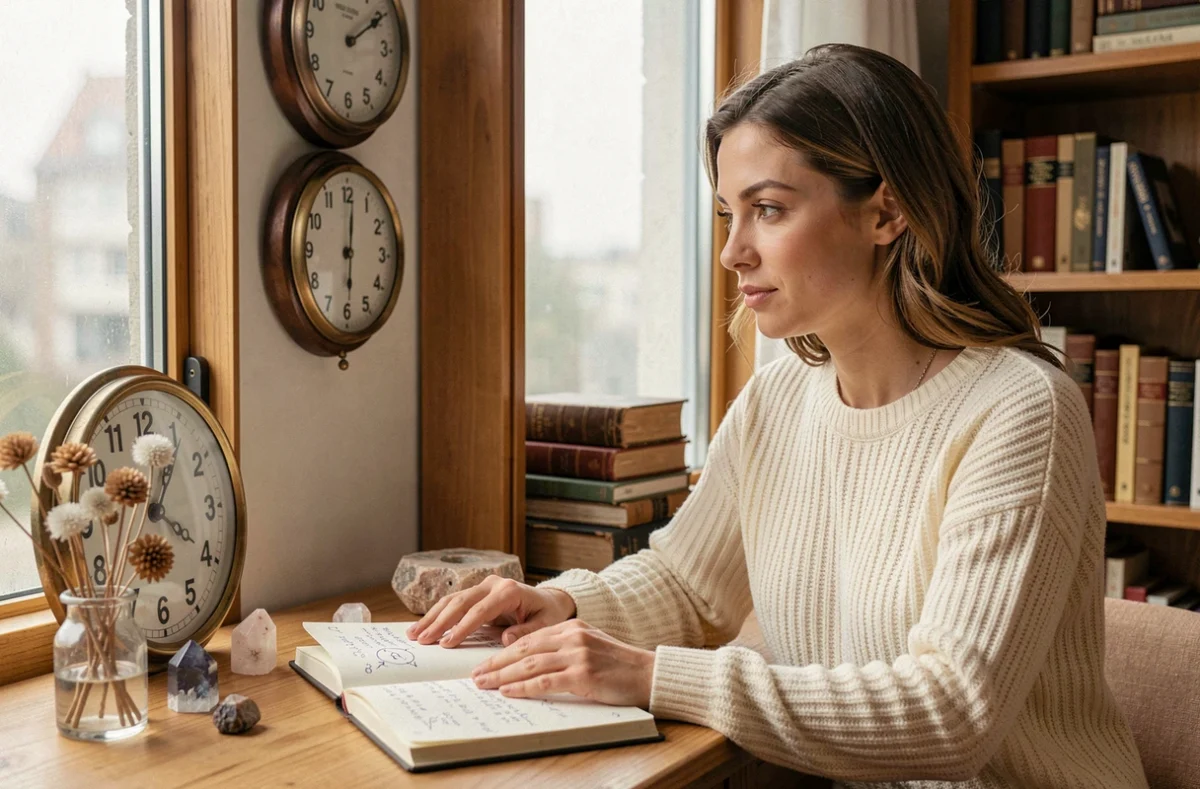 Femme contemplant une horloge affichant 11h11 dans un bureau chaleureux, symbolisant la synchronicité et le chemin de vie spirituel