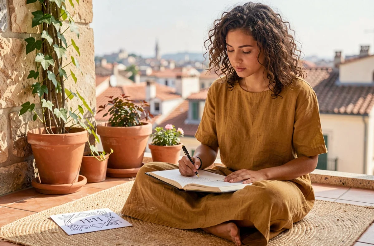 Jeune femme écrivant dans un journal sur un balcon méditerranéen avec une carte symbolisant le 11h11, représentant la croissance spirituelle et la mission d'âme