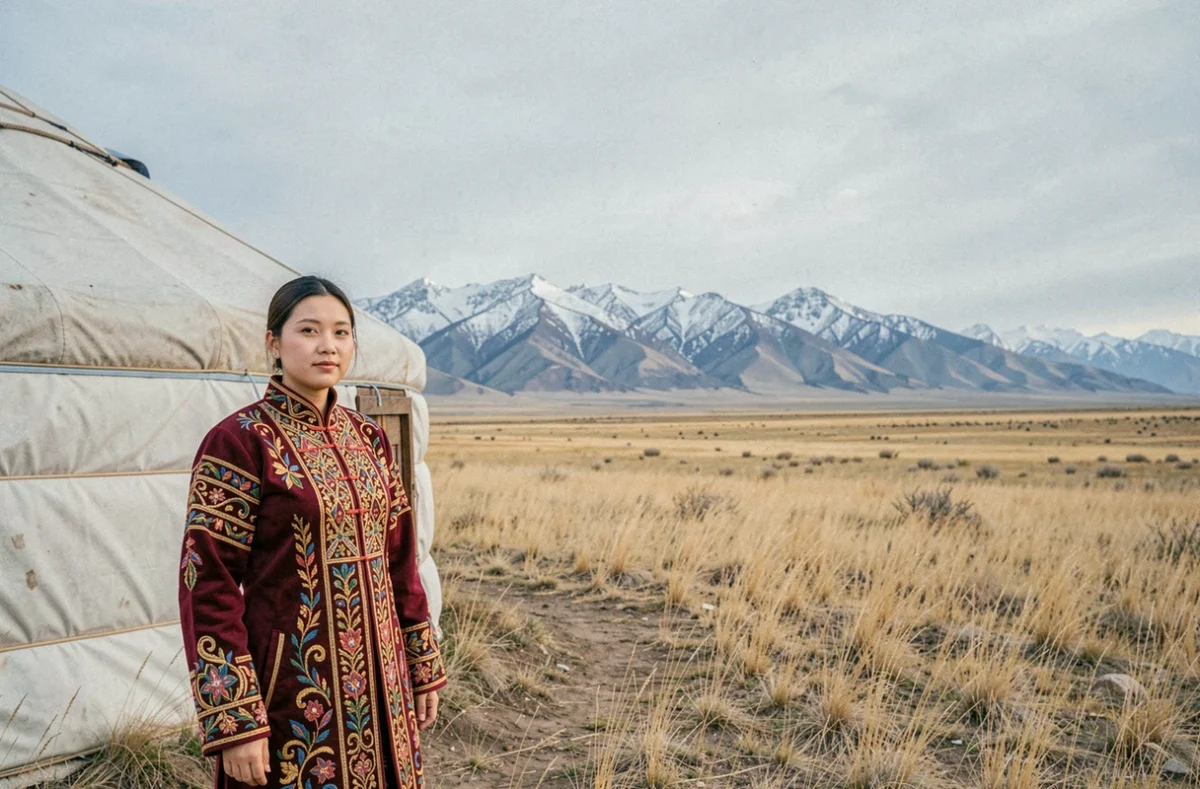 Femme kazakhe en chapan brodé traditionnel devant une yourte sur la steppe d'Asie centrale, avec des montagnes enneigées en arrière-plan
