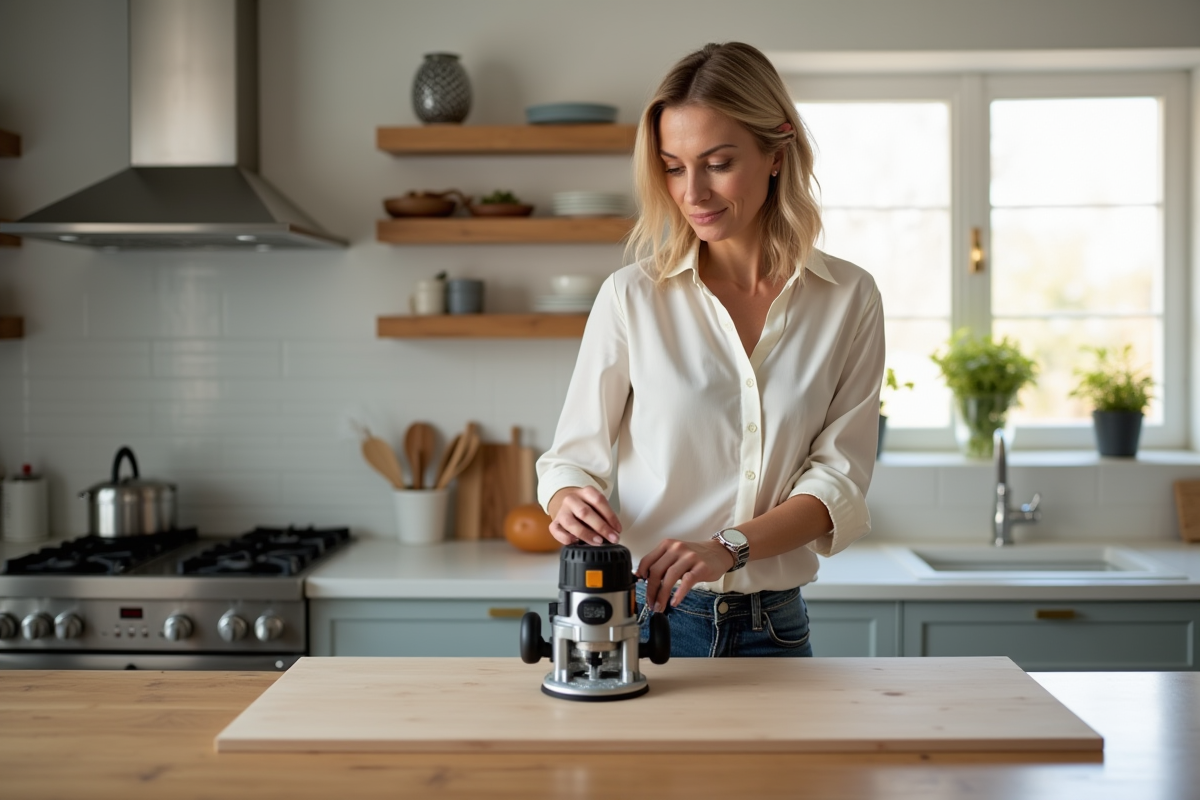Femme dans la cuisine examine un routeur domestique