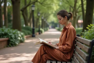 Femme lisant un livre dans un jardin public de Toulouse, ambiance slow life et déconnexion en ville