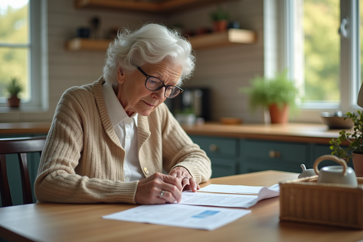 Femme âgée examinant des documents immobiliers dans une cuisine chaleureuse