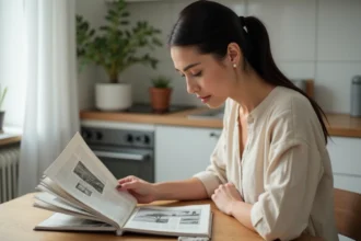 Femme lisant un magazine Garan Cedore à table dans une cuisine moderne, illustrant l'achat à l'unité d'un magazine