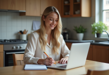 Gérer son budget mensuel : astuces pour une répartition efficace Femme souriante prenant des notes dans la cuisine moderne