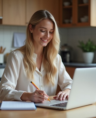 Femme souriante prenant des notes dans la cuisine moderne