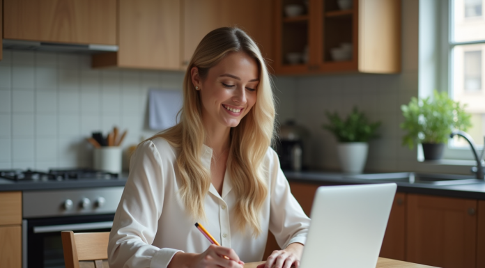 Femme souriante prenant des notes dans la cuisine moderne