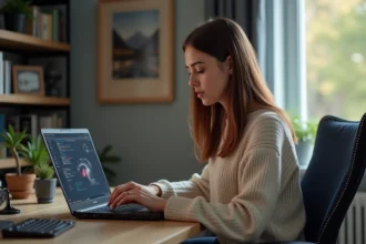 Femme concentrée sur son ordinateur dans un bureau cosy