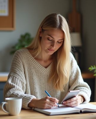 Femme organisée planifiant sa journée à la maison