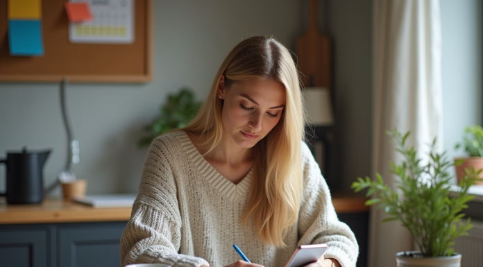 Femme organisée planifiant sa journée à la maison