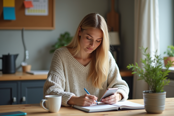 Femme organisée planifiant sa journée à la maison
