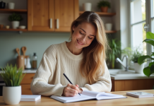 Mère au foyer : astuces pour optimiser votre organisation au quotidien Femme souriante écrivant dans un planner dans une cuisine organisée