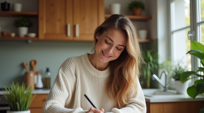 Femme souriante écrivant dans un planner dans une cuisine organisée