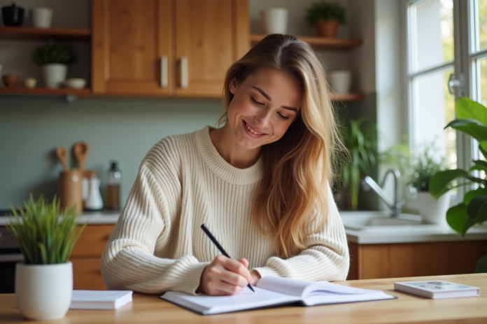 femme-organisee-cuisine Femme souriante écrivant dans un planner dans une cuisine organisée
