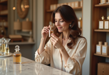 Femme testant un parfum artisanal dans un atelier parisien