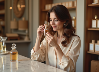 Femme testant un parfum artisanal dans un atelier parisien