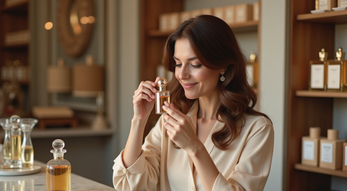 Femme testant un parfum artisanal dans un atelier parisien