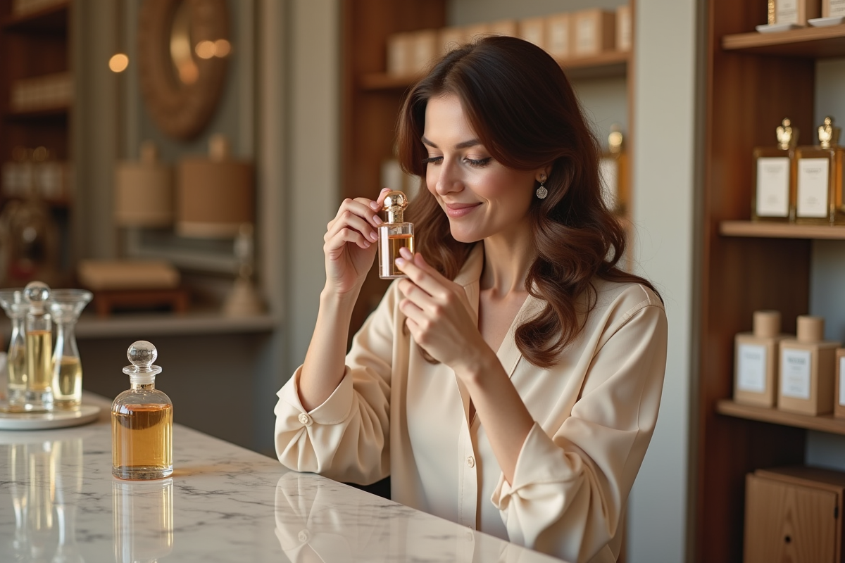 Femme testant un parfum artisanal dans un atelier parisien