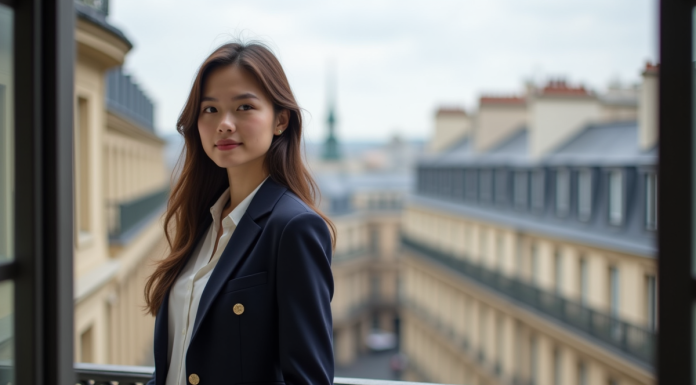 Jeune femme élégante sur un balcon parisien avec vue sur la ville