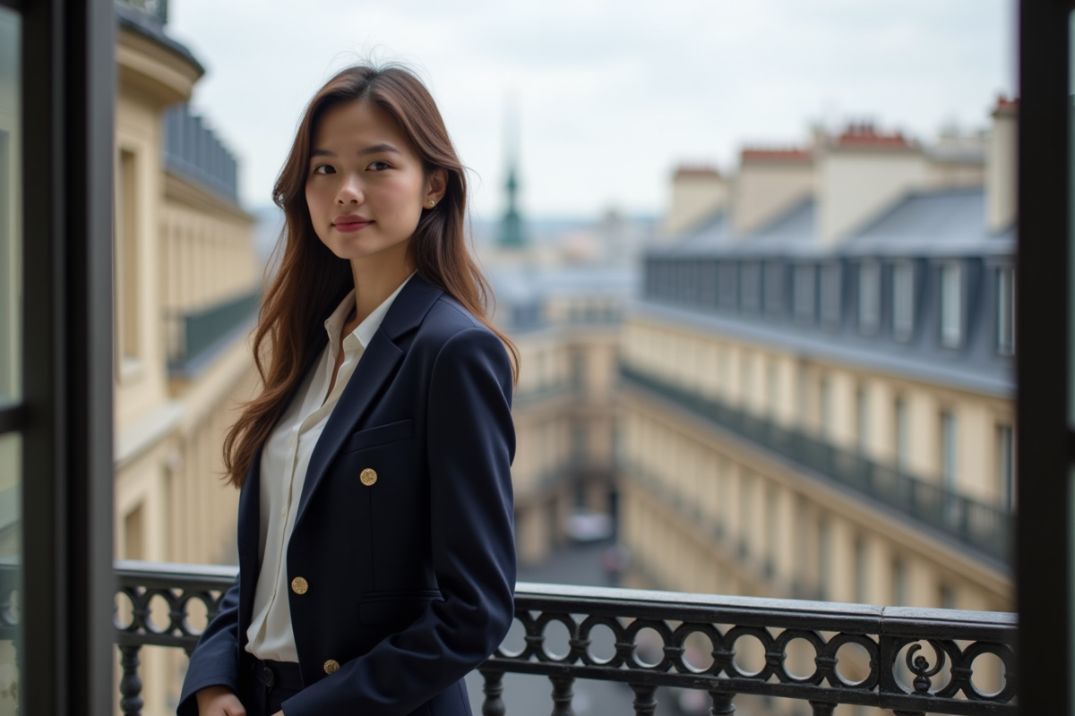 Jeune femme élégante sur un balcon parisien avec vue sur la ville