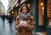 Jeune femme souriante avec un cadeau dans une boutique parisienne