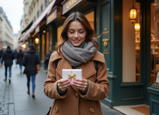 Bons cadeaux créatifs à Paris : nos adresses préférées Jeune femme souriante avec un cadeau dans une boutique parisienne