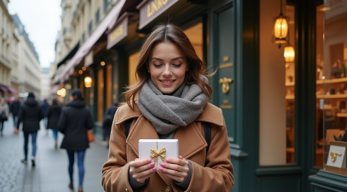Jeune femme souriante avec un cadeau dans une boutique parisienne