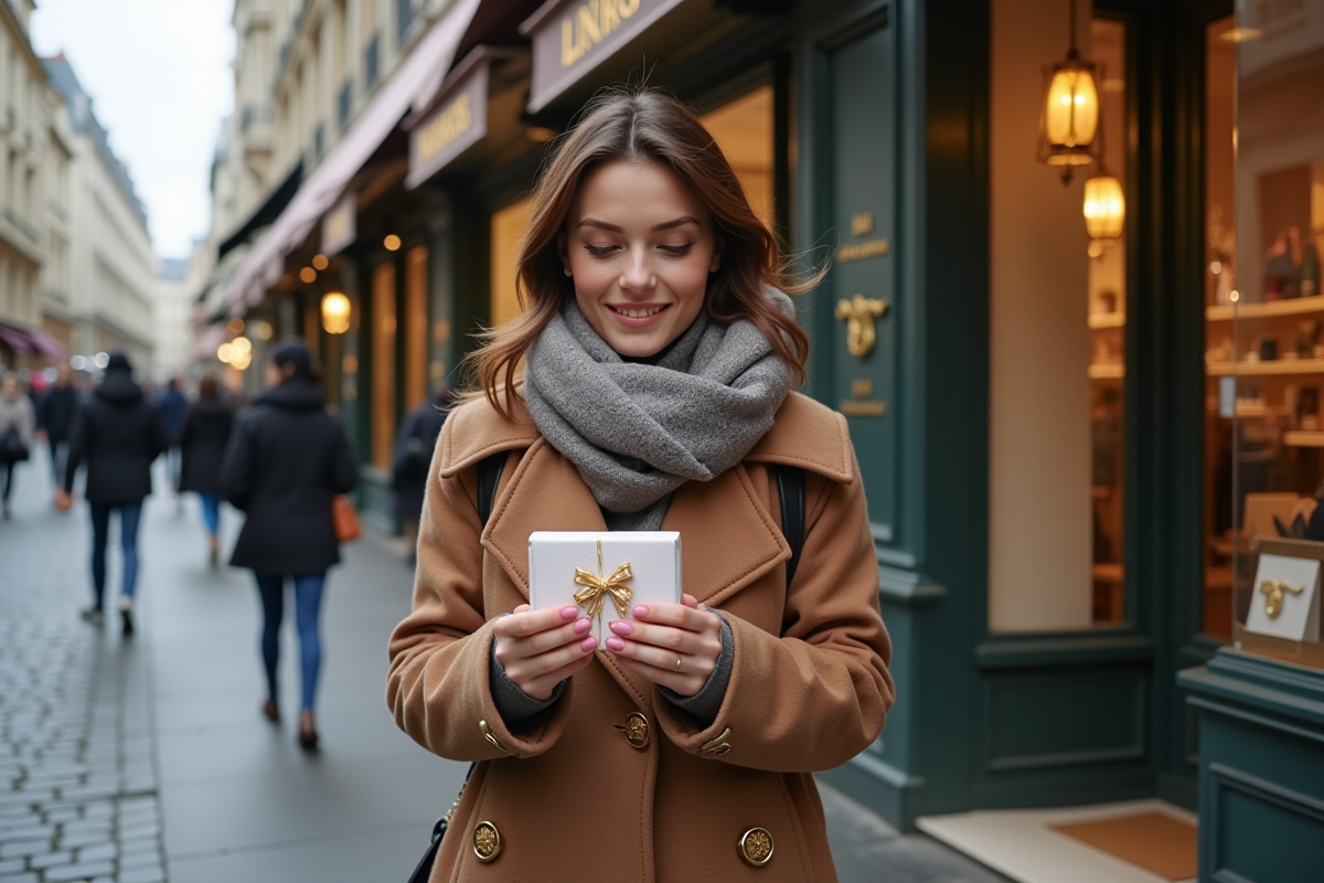 Jeune femme souriante avec un cadeau dans une boutique parisienne