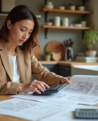 Femme analysant plans de maison dans une cuisine lumineuse