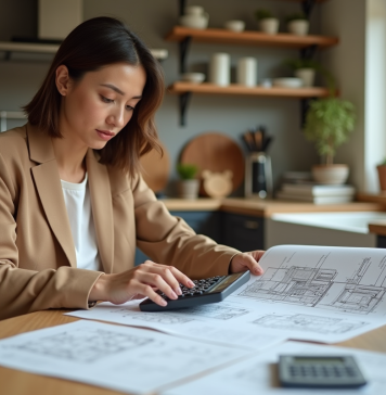 Femme analysant plans de maison dans une cuisine lumineuse