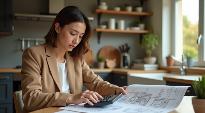 Femme analysant plans de maison dans une cuisine lumineuse