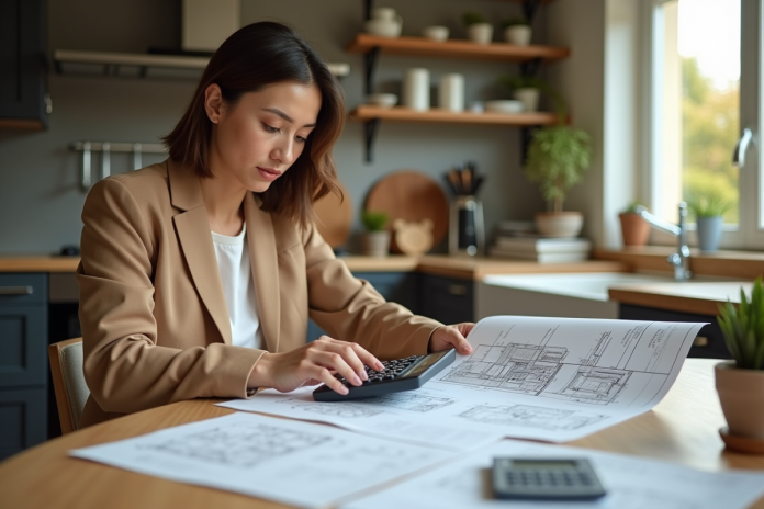 femme-plan-maisons-calculatrice Femme analysant plans de maison dans une cuisine lumineuse