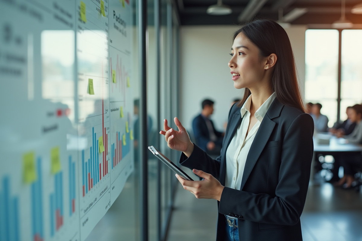 Jeune femme en présentation avec tableau financier et tablette