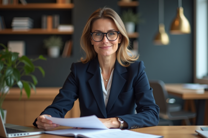 Femme professionnelle en bureau moderne avec lunettes antireflet