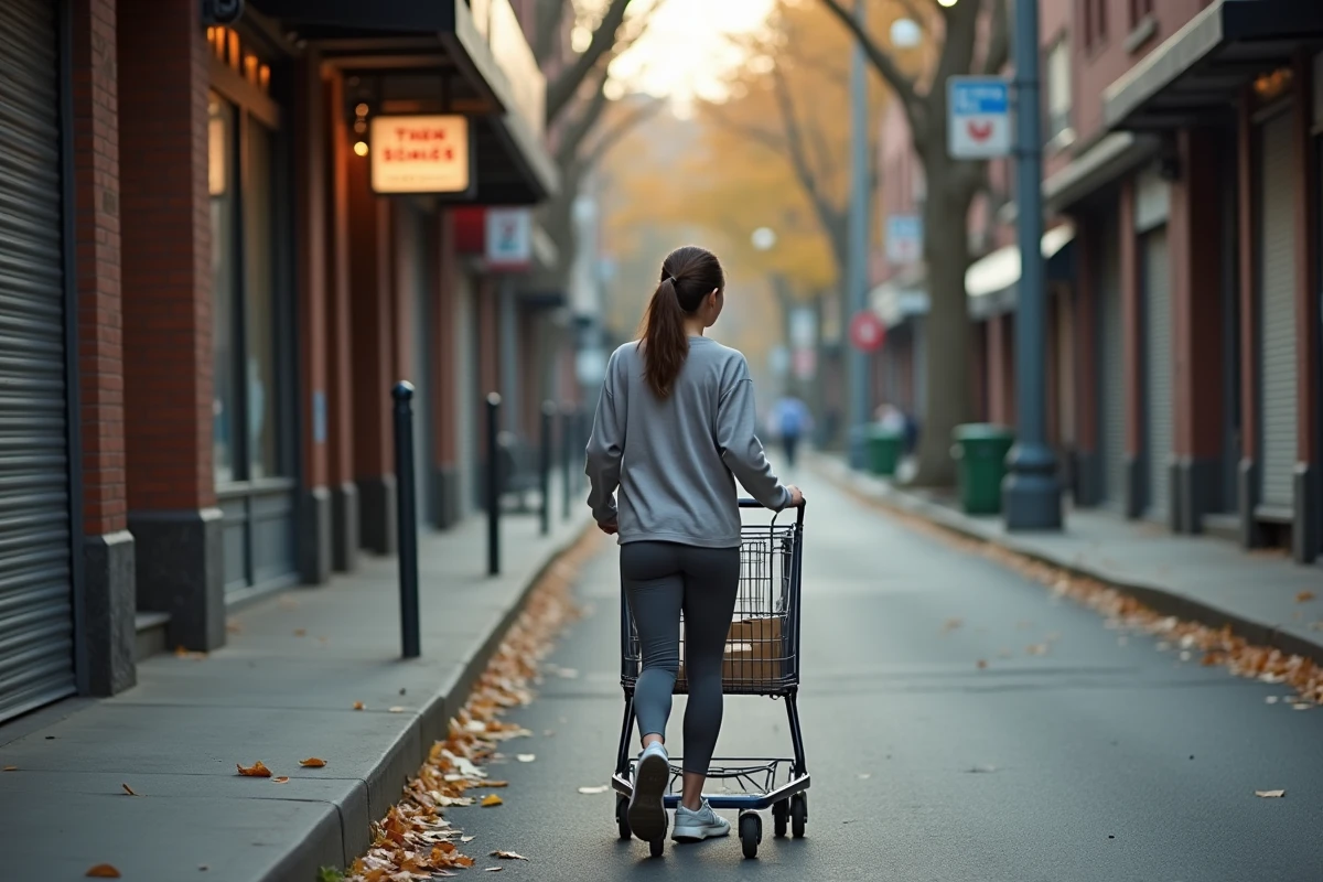 Femme en activewear poussant un caddie dans la rue au matin