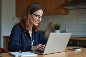 Femme concentrée utilisant un ordinateur pour rechercher un numéro