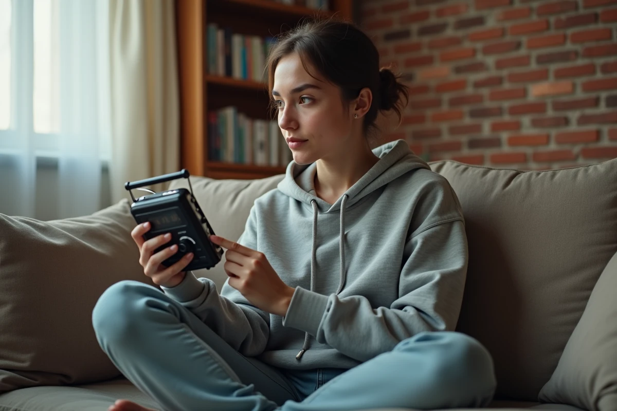 Jeune femme ajustant la fréquence d'une radio FM portable dans un salon cosy pour retrouver la station Skyrock