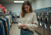 Jeune femme vérifiant étiquettes vêtement dans une laverie