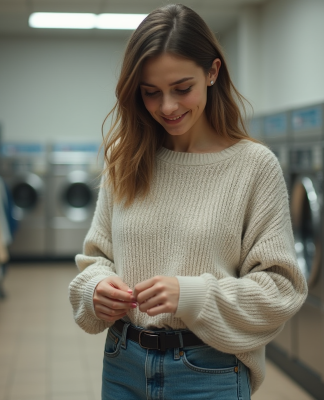 Jeune femme vérifiant étiquettes vêtement dans une laverie