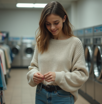 Hygiène des vêtements d’occasion : conseils pour s’assurer de leur propreté Jeune femme vérifiant étiquettes vêtement dans une laverie