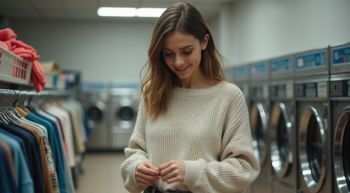 Jeune femme vérifiant étiquettes vêtement dans une laverie